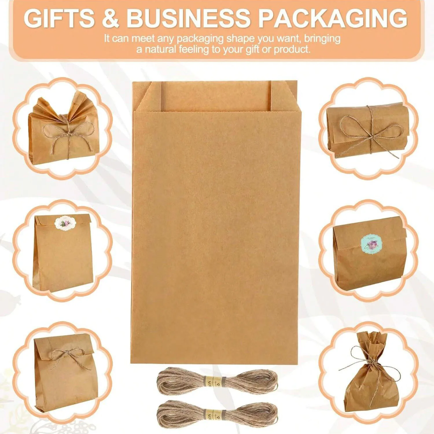 100pcs Paper Bags,Natural Color Kraft Paper Bags with Jute Rope for Making Candy Gifts Crafts Goods Wedding Gift Bags