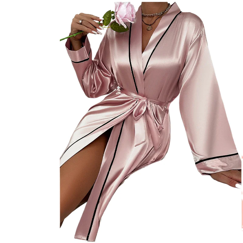 

Fashion Sexy Mid Length Silk Nightgown Simple Silk Home Wear Casual Lace Up Bathrobe Morning Gowns Pajamas for Women