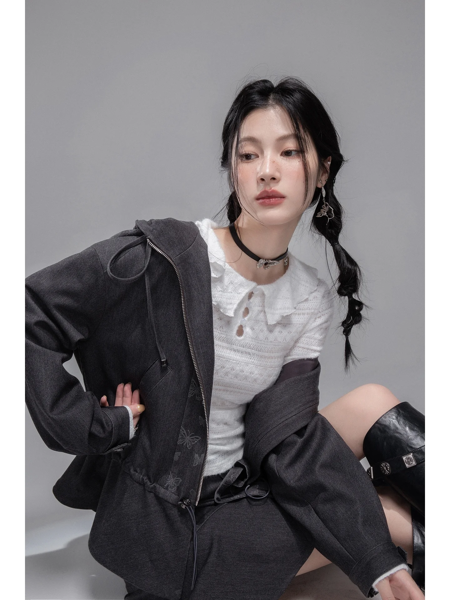

COTRE Warm Mist White Hollow out Collar Lotus Le Base irt Casual Sle Long Sve Slim Fit Knitted Top for Women