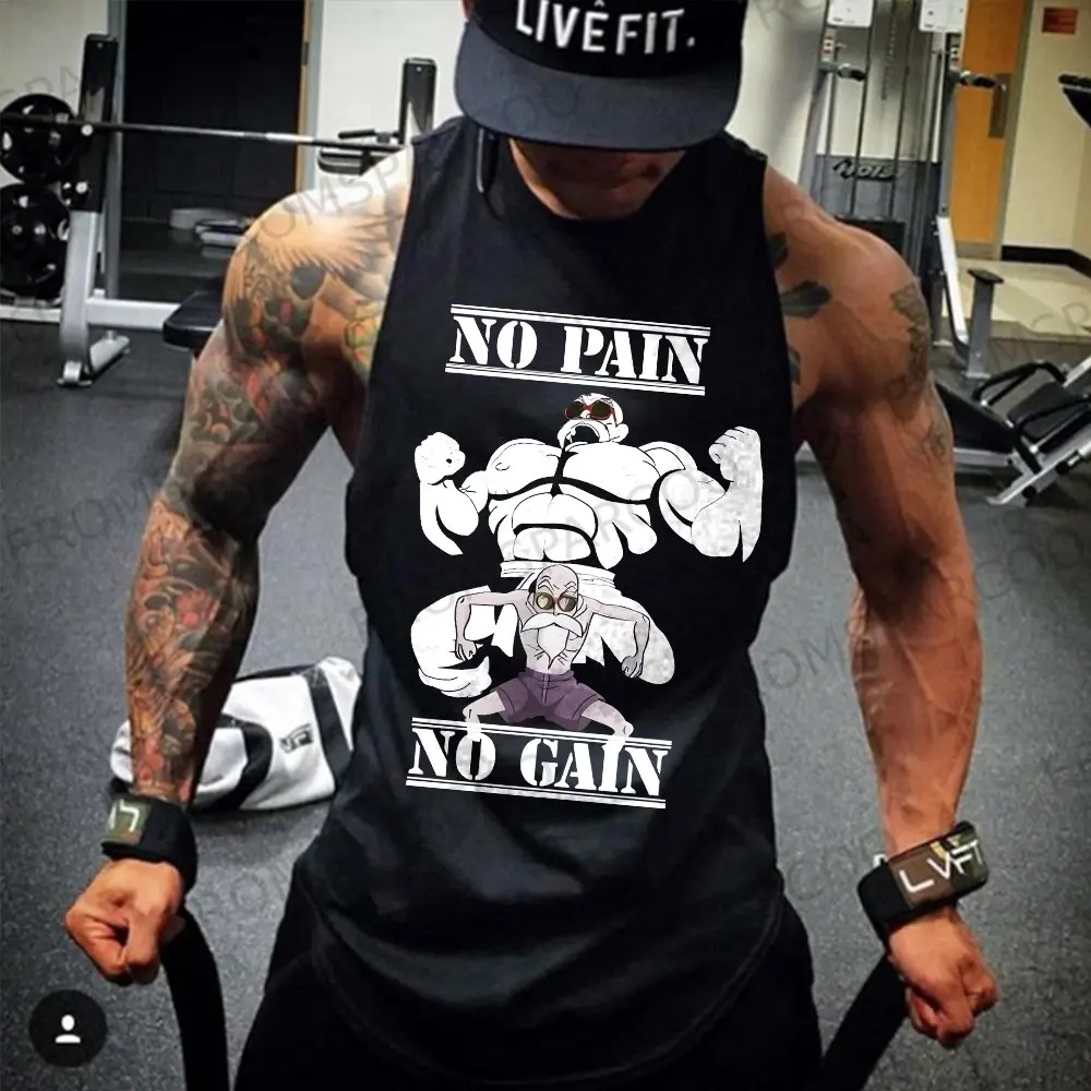 

Black Vest, No Pain, No Gain, Dragon Ball Design, Sleeveless 100% Cotton Sportswear for Gym Workouts