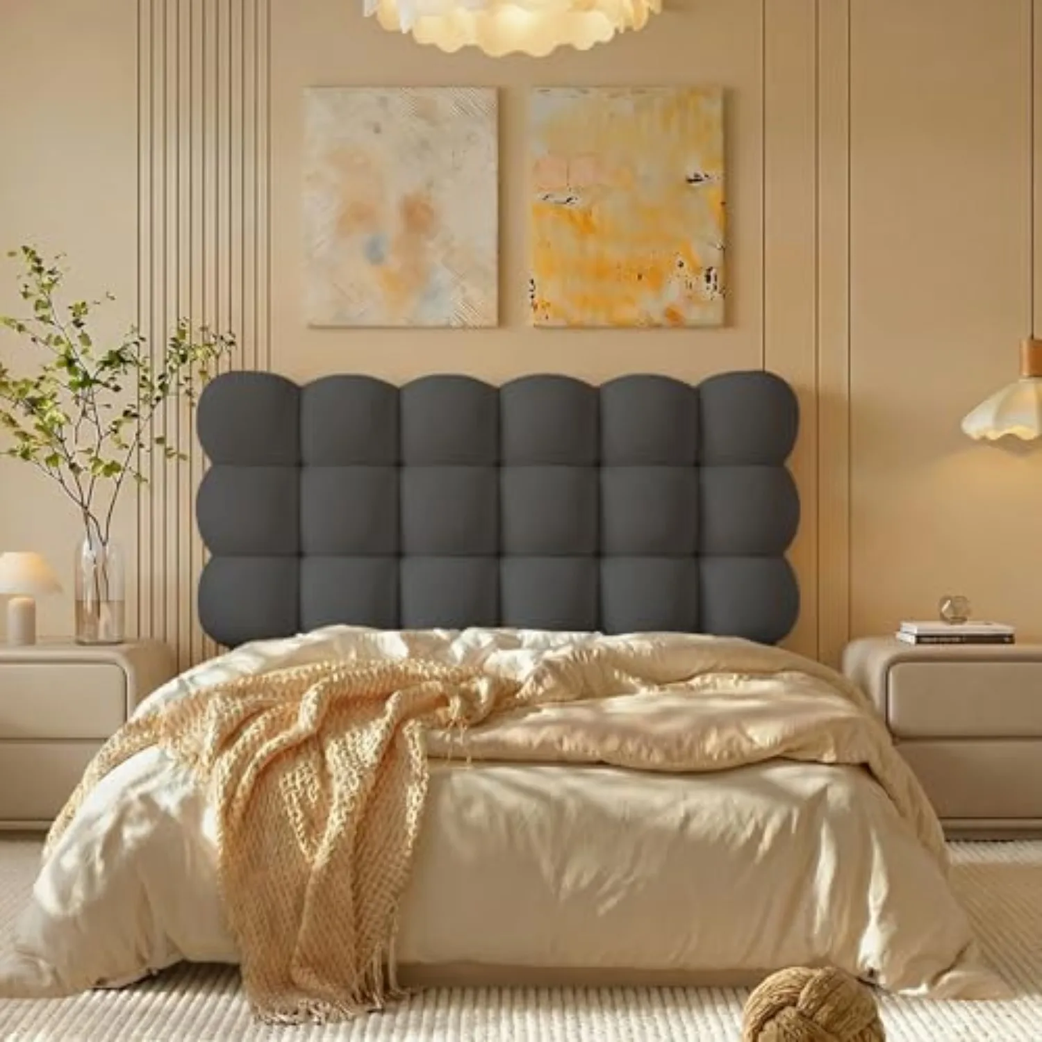 Full Cloud-Shaped Upholstered Headboard, Teddy Fleece Grey | Cloud bubble tufted design, 8-14