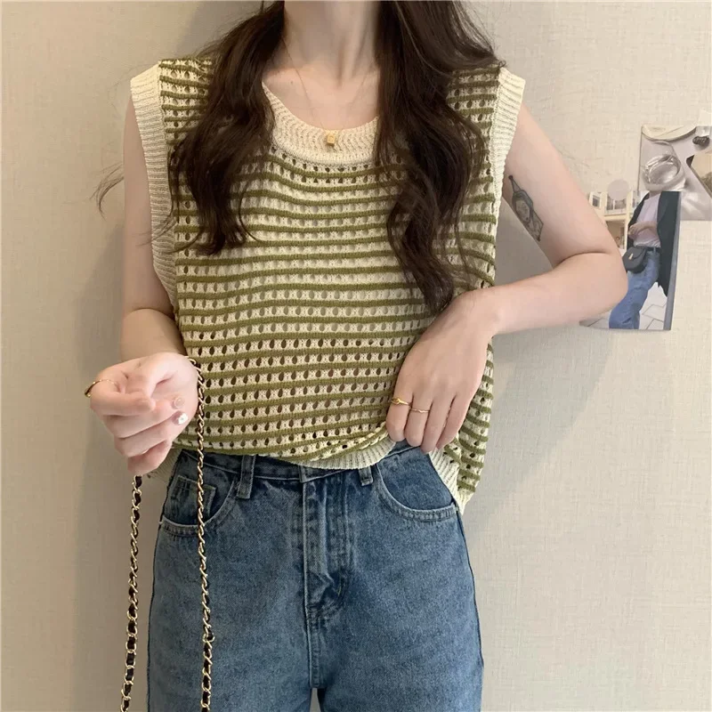 Summer Striped Hollow Knitted Vest Women's Loose Sleeveless Suspender Top