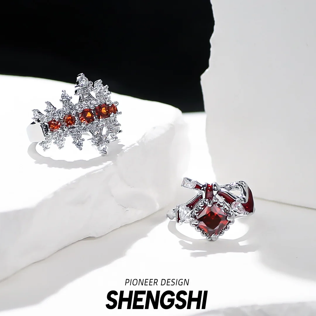 SHENGSHI new geometric zirconia ring with diamonds women's personalised niche design open finger ring