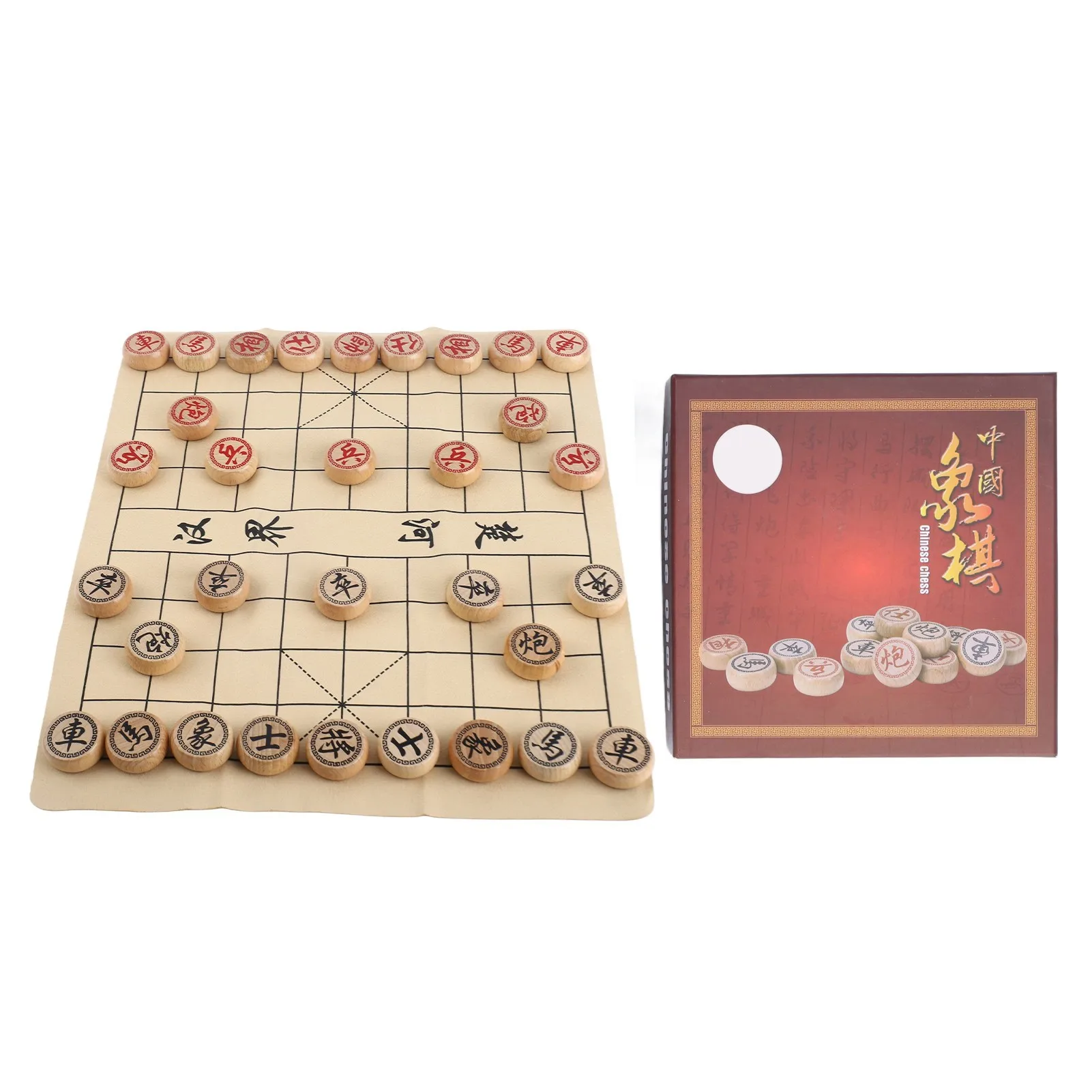 Chinese Chess Set Beechwood Intellectual Growth Xiangqi Board Game with PU Leather Chessboard 3cm Diameter