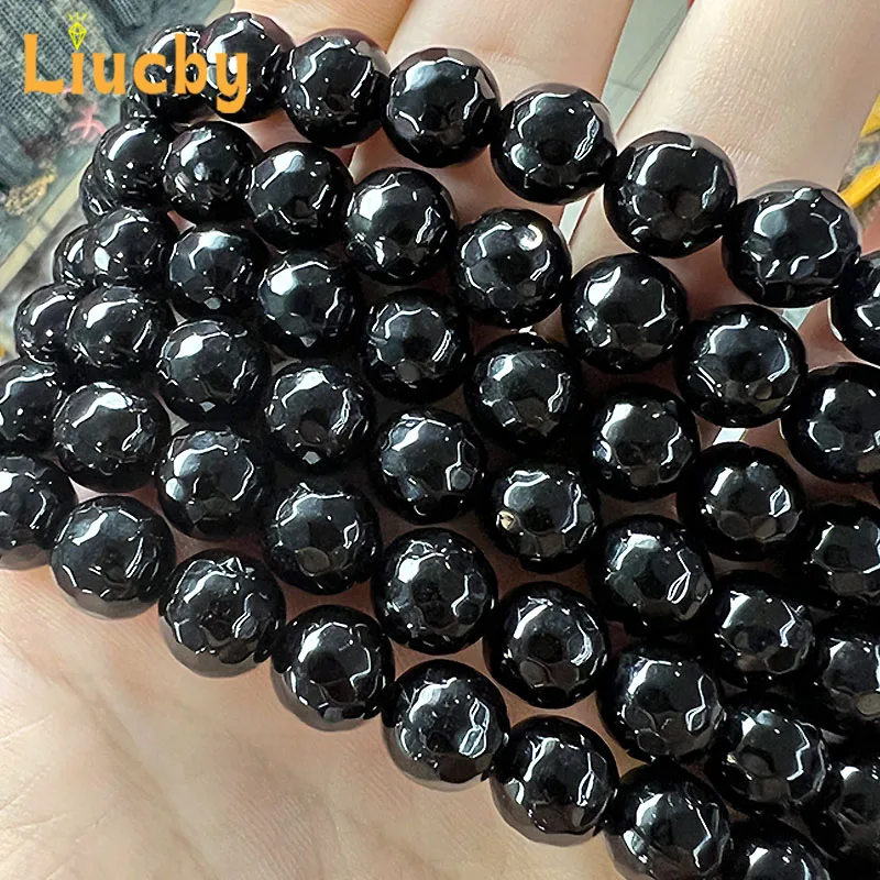 الحجر الطبيعي الأوجه العقيق الأسود فضفاض الخرز لصنع المجوهرات DIY خواتم Handstring اكسسوارات 15 ''بالجملة 4/6/8/10/12 مللي متر #5