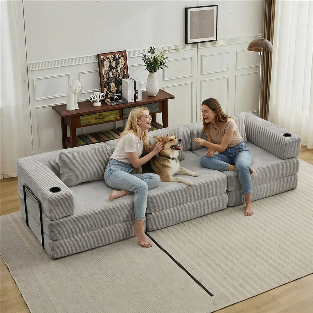 Cord-Modulsofa Frei Kombinierbare Wandelbare Eckcouch mit Getränkehaltern Übergroße Chaiselongue für Wohnzimmer – Detail 8
