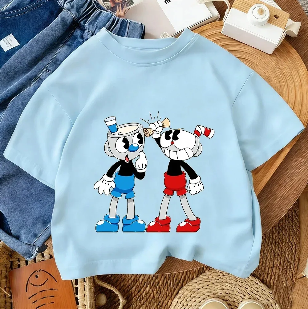 2026 Cuphead Kids Short Sleeve T Shirt Boys And Girls Cartoon Game Character Summer Cotton Top
