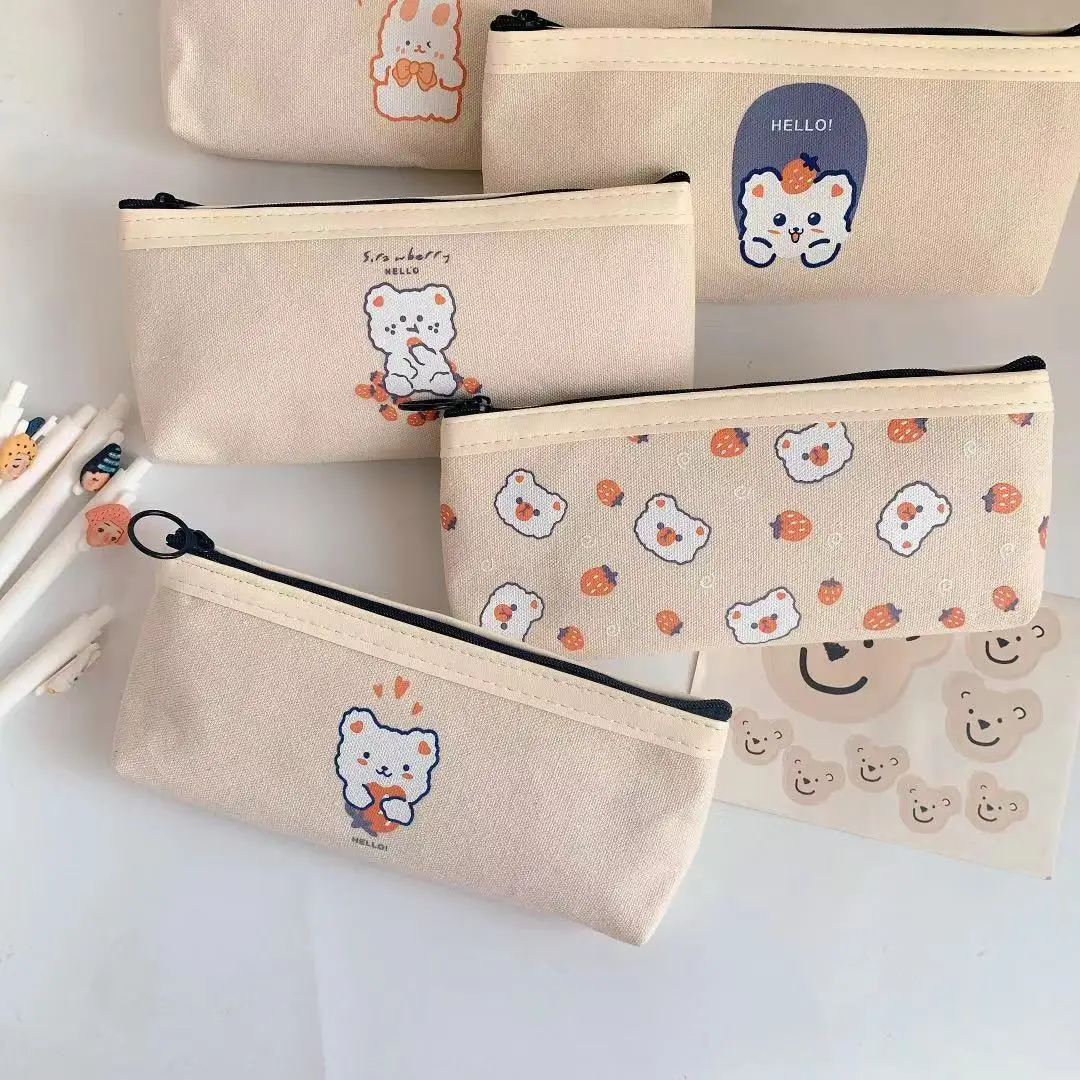 1 Pcs Kawaii Pencil Case Bear Canvas Pencil Box Pencilcase Pencil Bag School Supplies Stationery