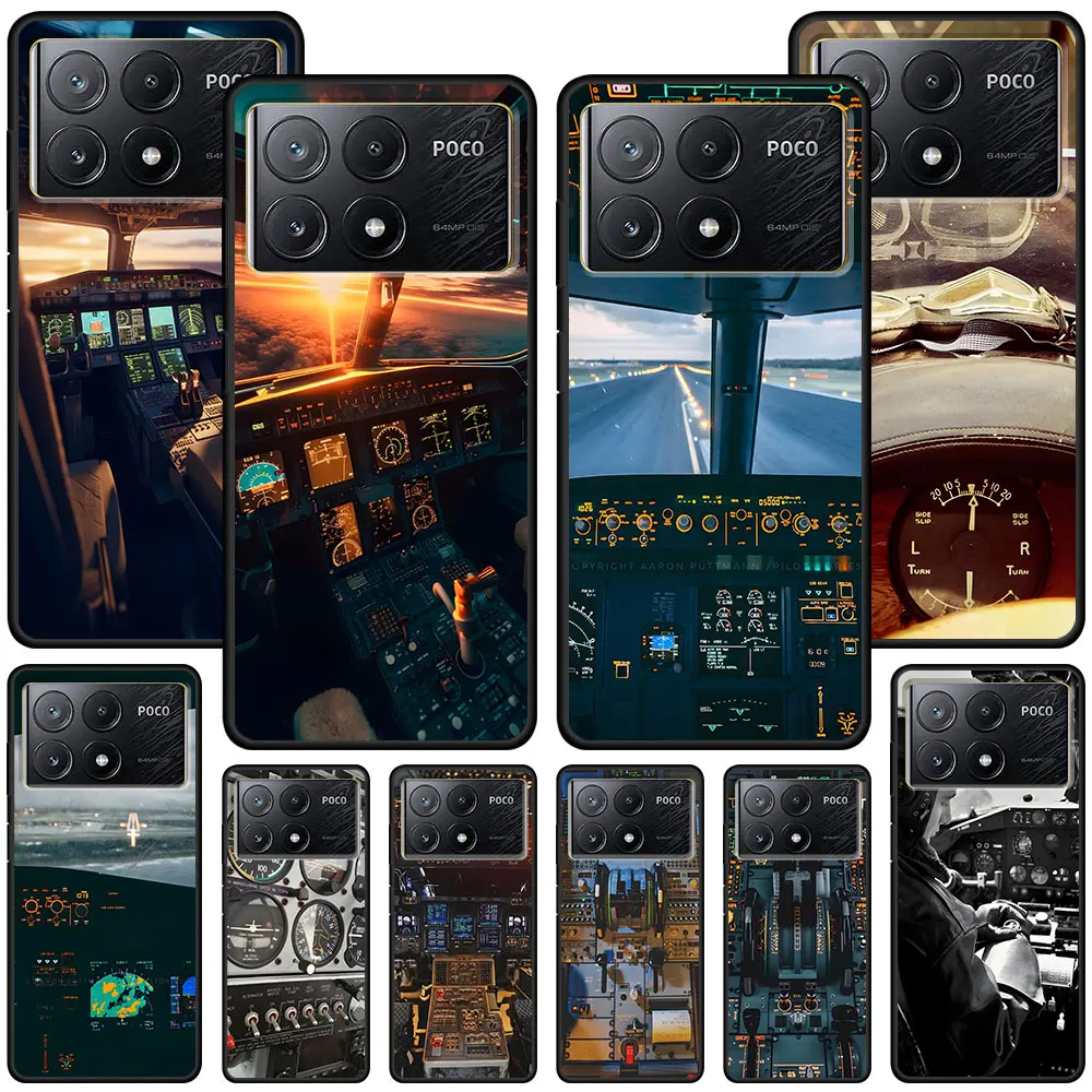 Aviation Aeroplane Pilot Cockpit Case for Xiaomi Poco X6 X3 NFC M5s X5 F3 M4 M3 Pro Black Silicone Soft Phone Cover Coque