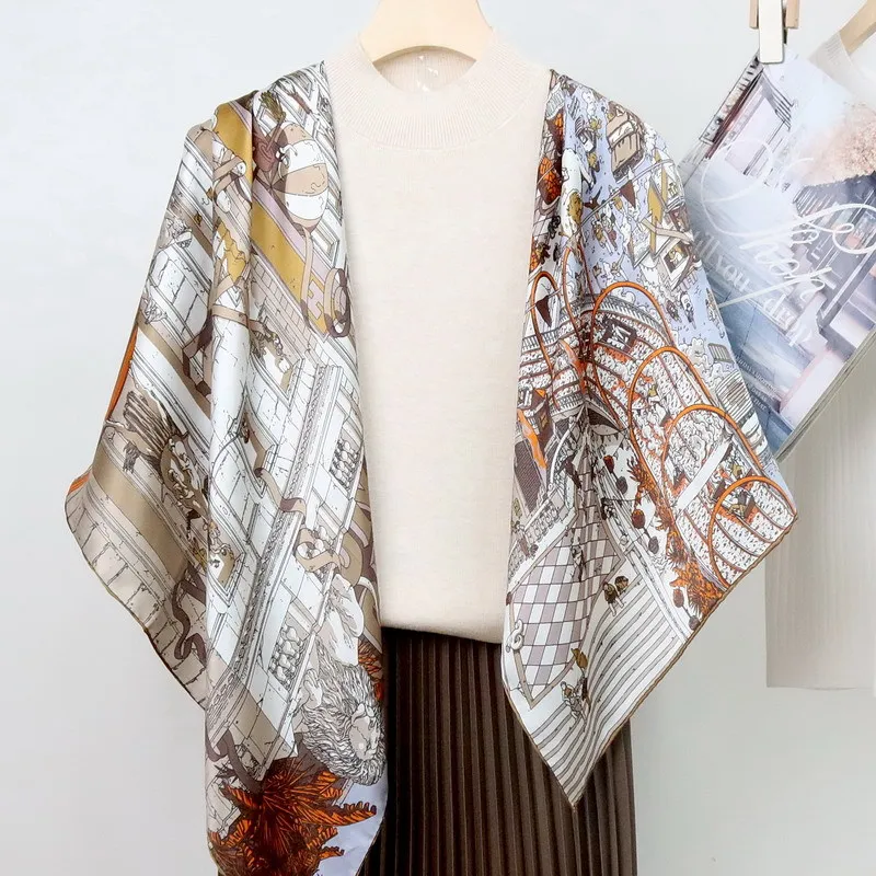 Paris Street Mulberry Silk Scarf 110*110 Square Women Head Neck Bandanas Hem Rolled Edges Scarves Handkerchief Decoration