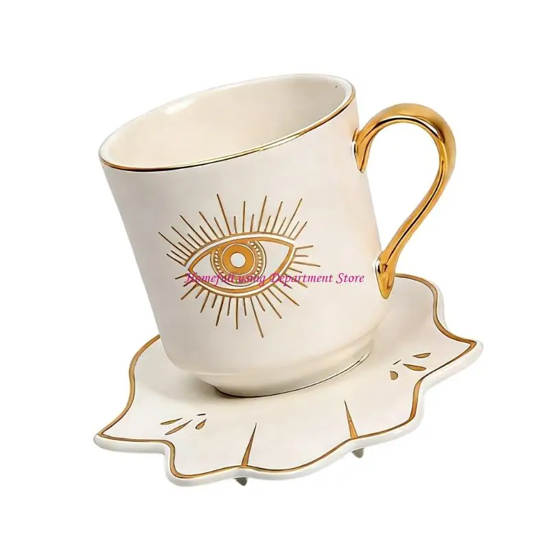 Traditional Turkish Arabic Ceramic Coffee Cup and Saucer Set with Evils Eye Print