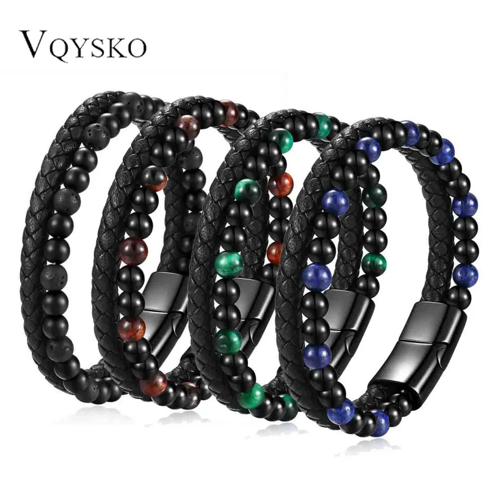 New Stainless Steel 14mm Natural Tiger Eye Stone Genuine Leather Bracelet With Beaded Handmade Weaving for Men Couple Jewelry