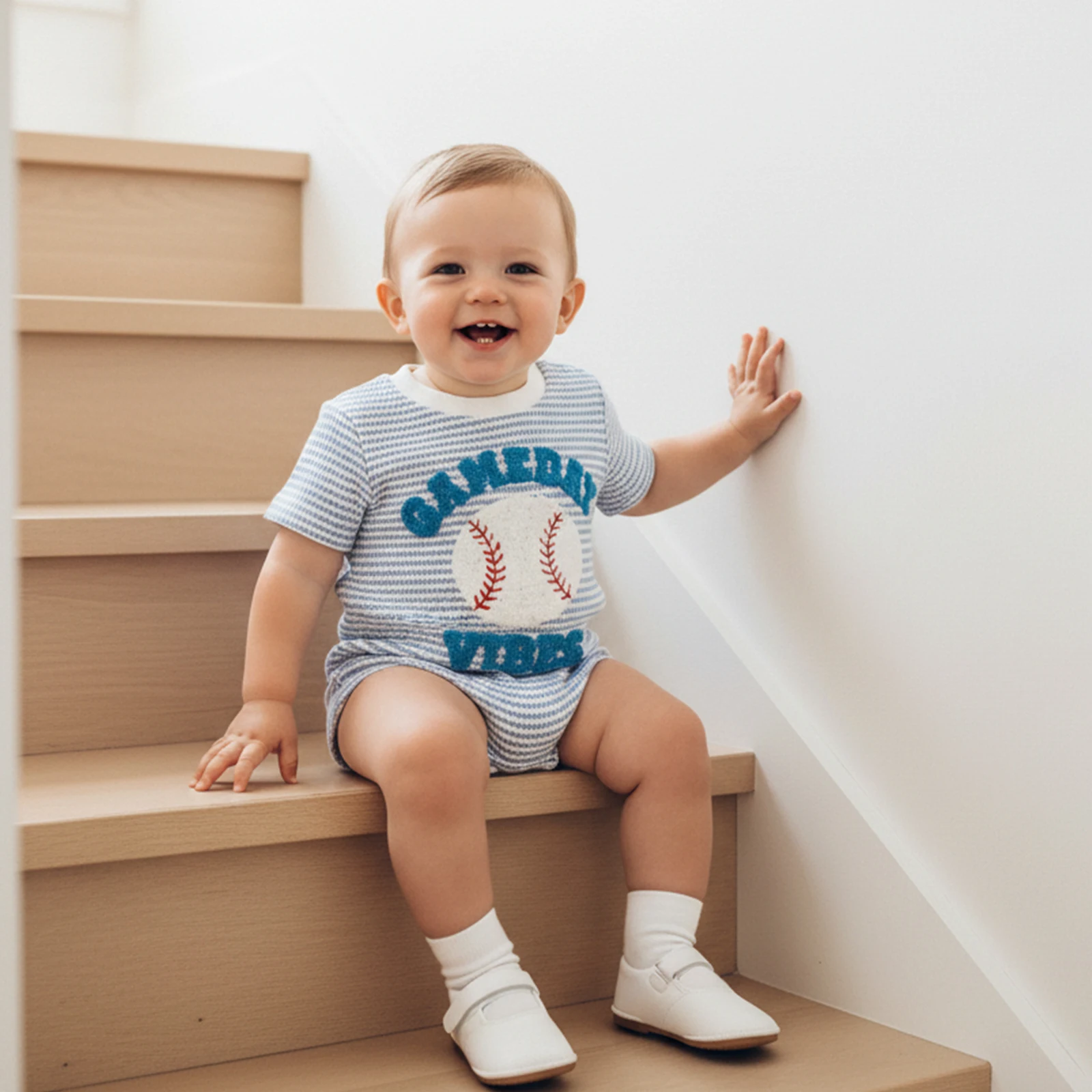Infant Baby Summer Jumpsuit Stripe Baseball Embroidery Short Sleeve Round Neck Romper Cute Bodysuit