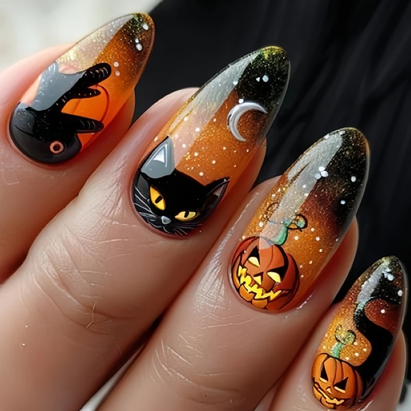 

Halloween Medium length Almond shape Evil pumpkin Cat Moon Press on Nails 24 pieces of Women's Art Decoration