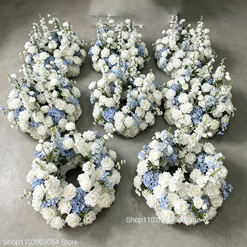 Künstlicher blau-weißer Rosen-Hyazinthen-Kranz, luxuriöse Hochzeits-Tischdekoration, Blumenarrangement, Party-Requisiten, 23,62/19,68 Zoll – Detail 7