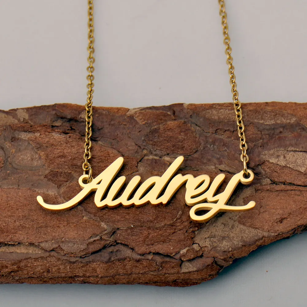 

AOLOSHOW Audrey Stainless Steel Gold Plated Name Necklace for Women Nameplate Pendant Letter Collar Jewelry