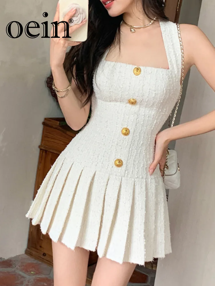 [oein] Summer New Adjustable Gold Buckle Hanging Neck Design, Elegant Weaving Pleated Dress Women