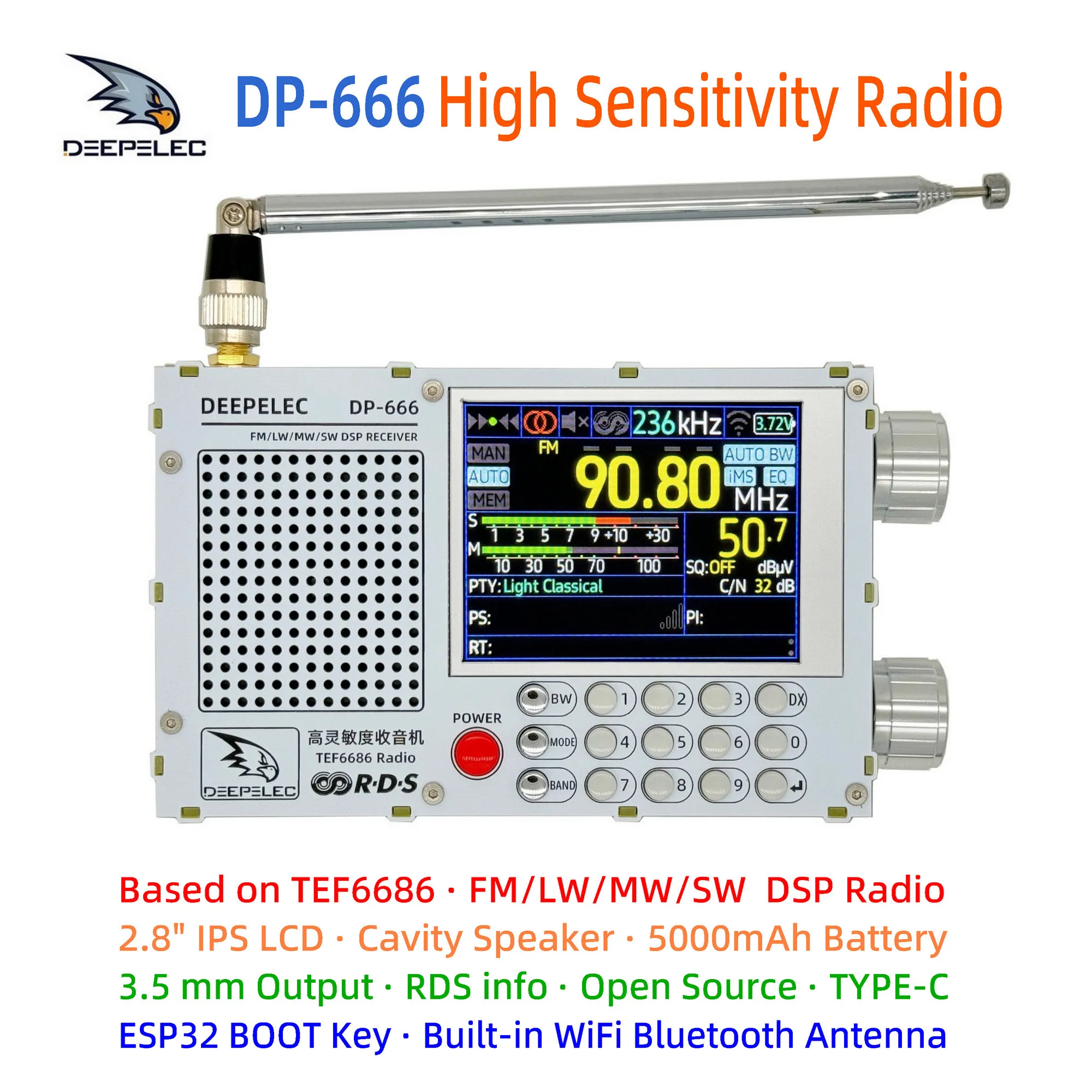 DP-666 TEF6686 Radio High Sensitivity Full Band FM AM LW MW SW Shortwave ESP32 RDS 2.8 inch IPS LCD DEEPELEC