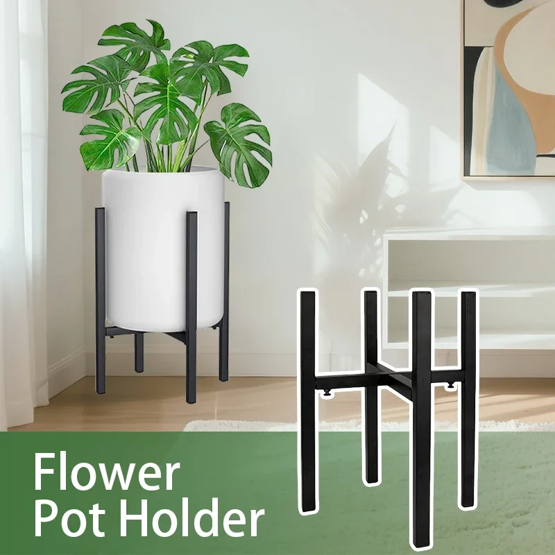 

Space-Saving Adjustable Plant Stand Metal | Mid-Century Shelf for 10"-16" Pots Indoor Outdoor | Black Modern Design