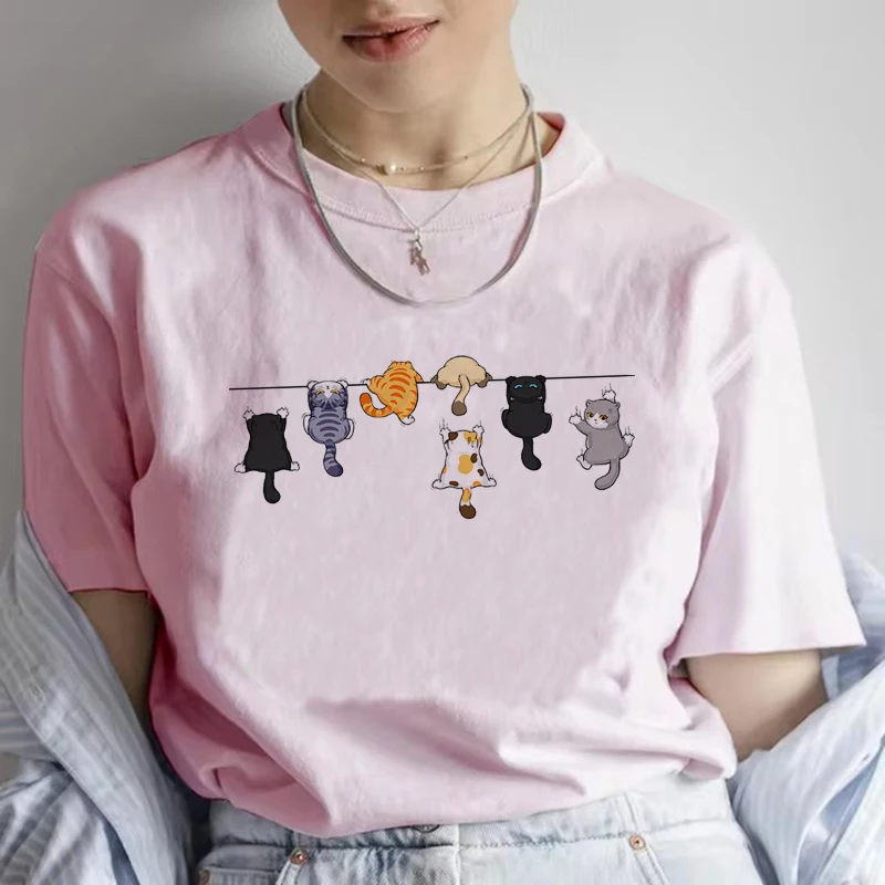 Funny Women Summer Cat Print T-shirt Girl Casual Short Sleeve O Neck Top for Summer Female Y2k 90s Clothing T Shirt