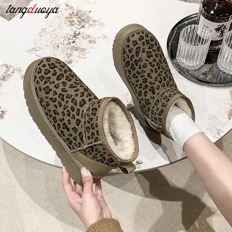 Leopard Print Suede Snow Boots Woman Platform Ankle Boots Winter New Thickened plush Warm Cotton Shoes Women  Short-Tube Boots