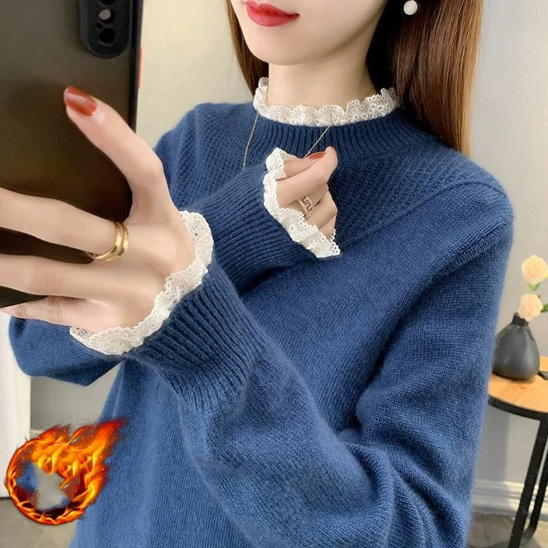 Autumn Winter New Women\'s Adding Velvet and Thickening Sweaters Fashion Half High Collar Lace Loose Knitted Long Sleeve Tops