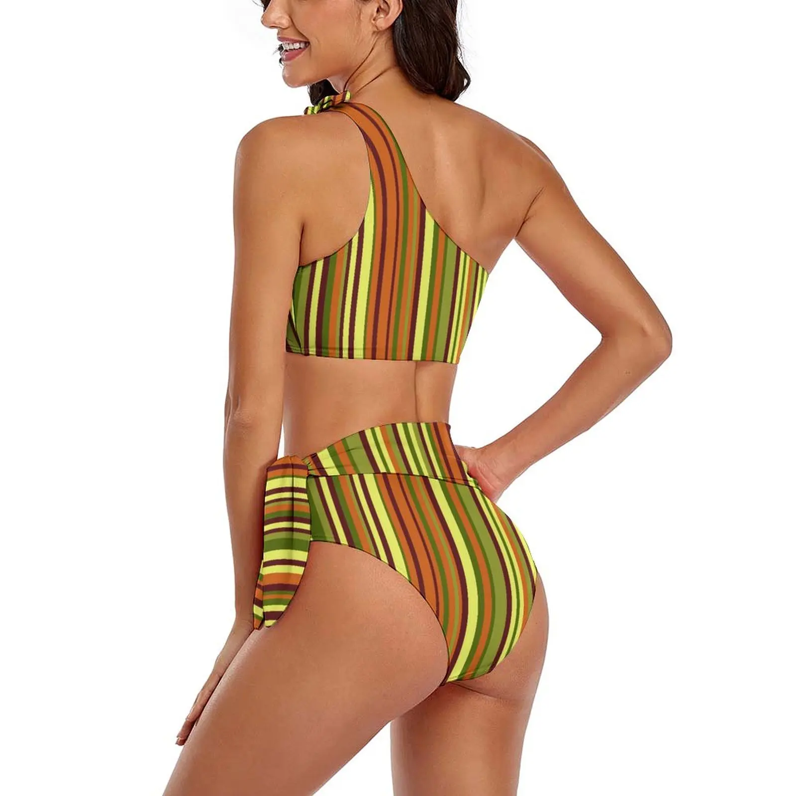 Maillot de bain sexy à rayures, bikini imprimé, lignes colorées, taille haute, esthétique, ensemble deux pièces avec cravate