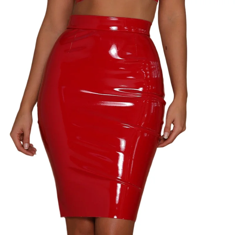 Plus Size Women PU Leather Sexy Skirts Red Black High Waist Slim PVC Pencil Skirts Vintage Bodycon Mini Skirts Sexy Clubwear