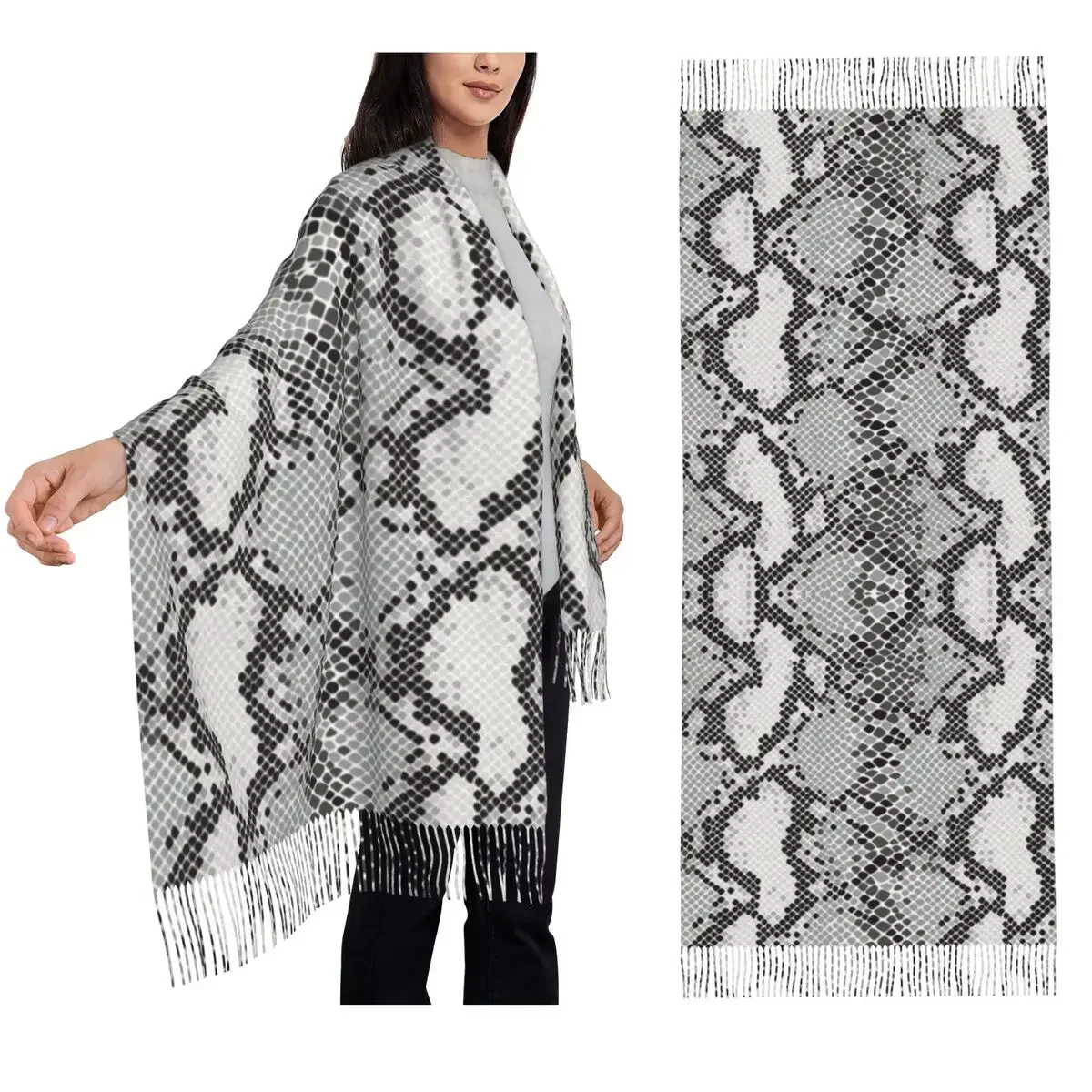 Customization Gray Snake Skin Animal Print Scarf Tassel Scarves For Women Soft Warm Shawls And Wraps Long Fall Winter Shawl Wrap