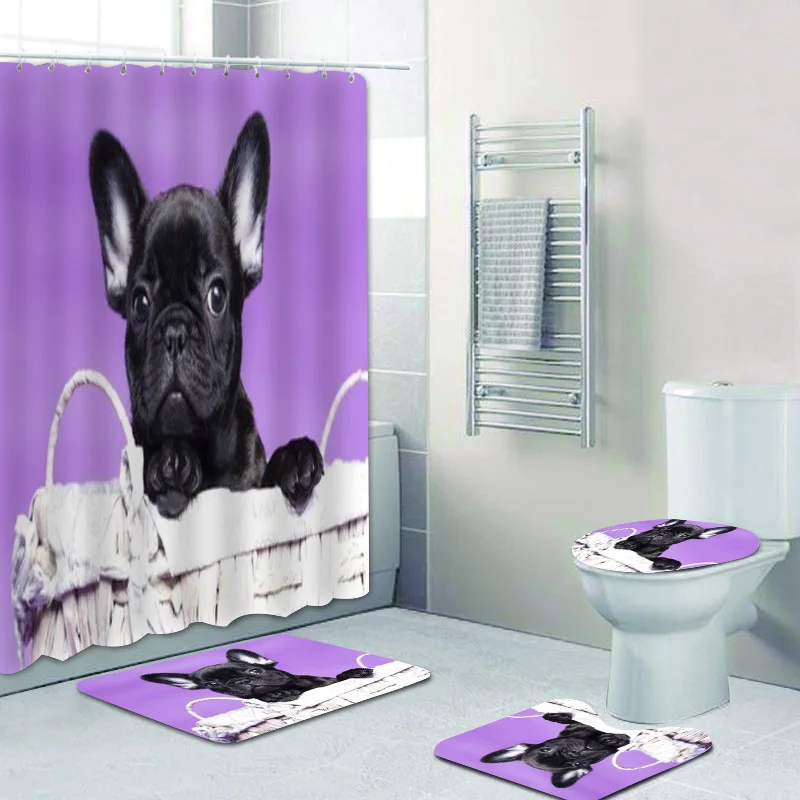 Animal Style Bulldog Shower Curtain For Bathroom Mat Rug Carpet For Toilet Frenchie Bath Bathroom Sets Shower Curtins And Rugs