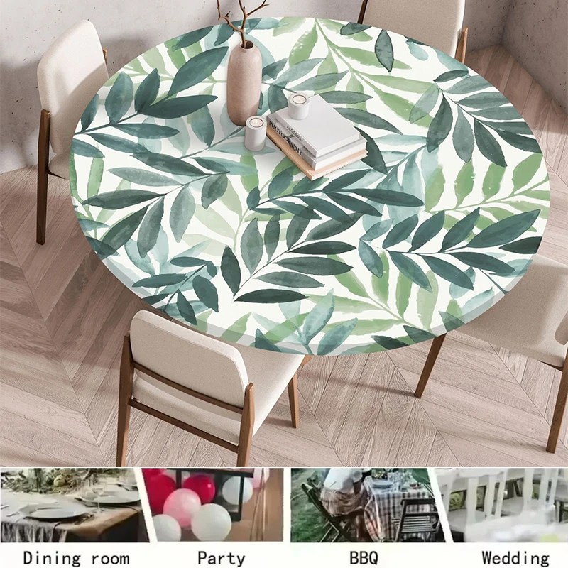 Waterproof Oil-Proof Round Tablecloth Plant Pattern Plastic TableCloth Backing Elastic EdgeTable Cover 60/70/80/90/100/120/140cm