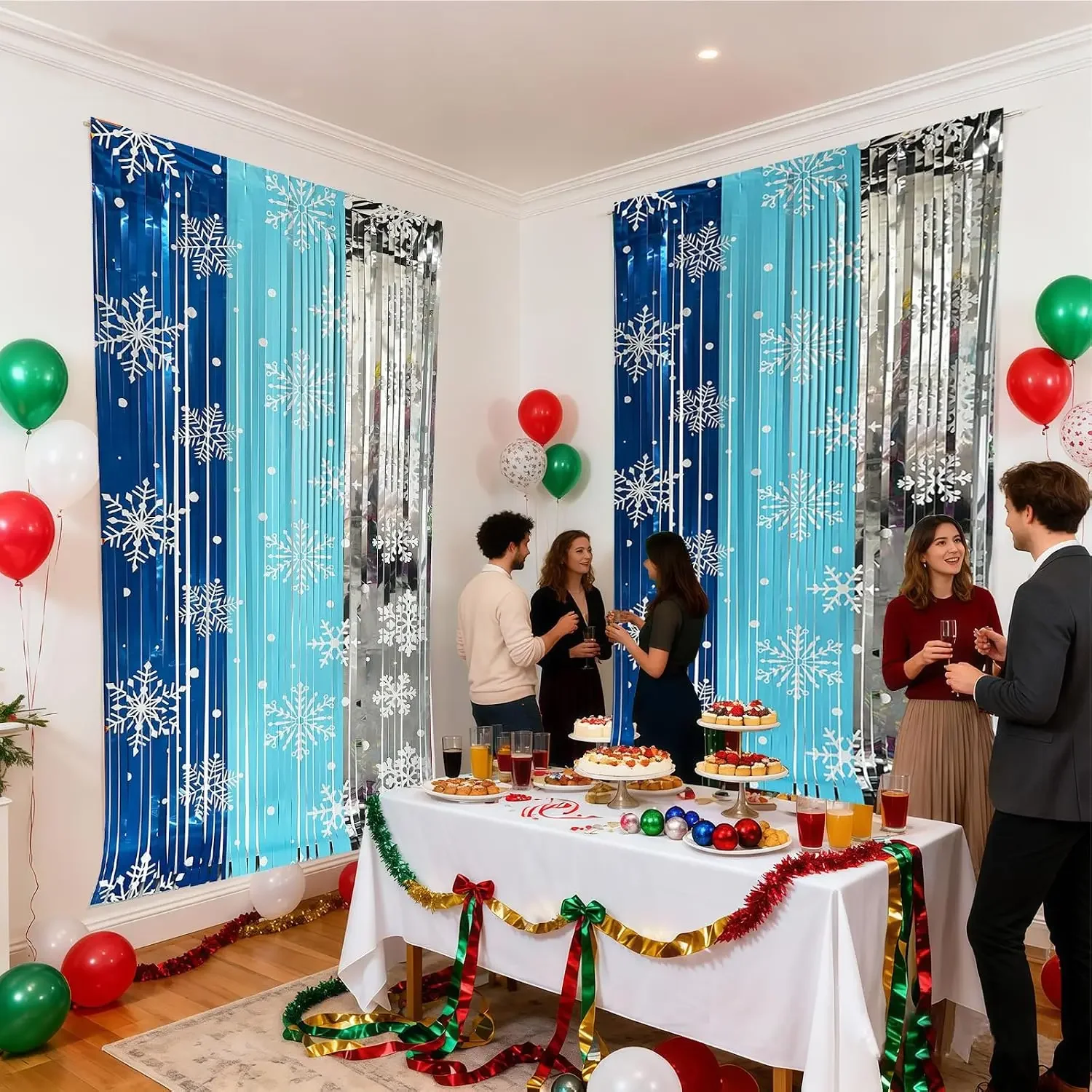 Xmas Snowflake Printed Foil Tinsel Fringe Curtain Christmas Party Backdrop Photo Background Wall Decor Festival Supplies