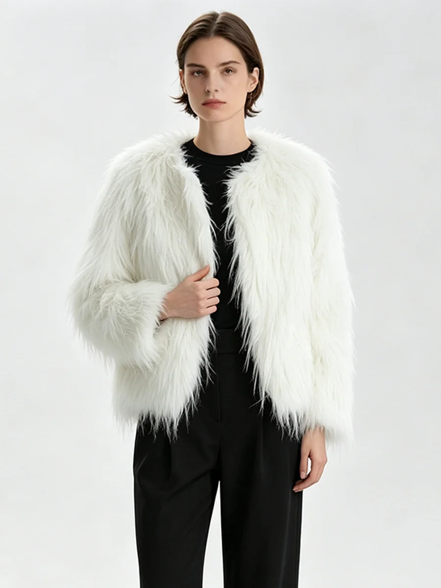 PUAL Women  Shaggy Faux Fur  Round Collar Open Front Long Sleeve Cropped Fluffy Plush Coat Loose Fit Winter Ladies Outerwear