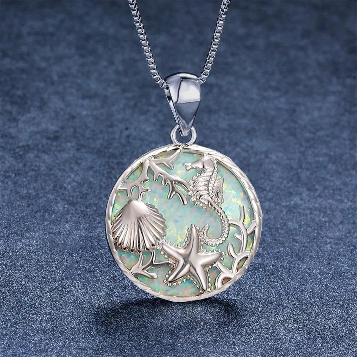 Fashion Cute Seahorse Sea Star Shell Pendant Necklace Inlay Imitation Blue Opal Pendant Necklace for Women Wedding Party Jewelry