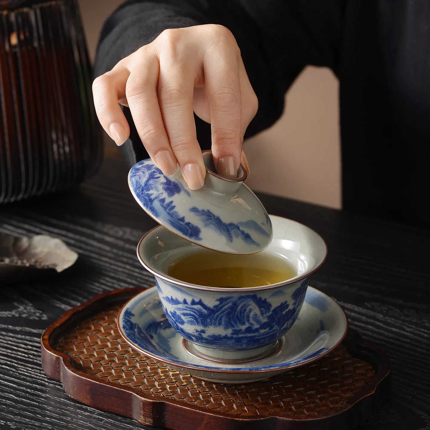 Old Clay Blue and White Fuchun Mountain Residence Gaiwan Ceramic Household Tea Brewing Large Bowl Gracked Glaze Supportable