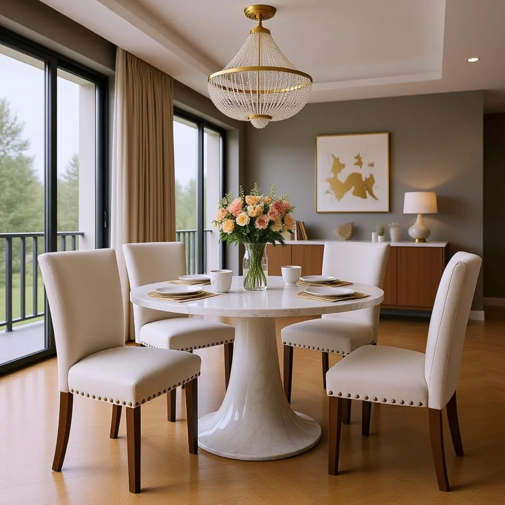 طقم كراسي طعام منجدة باللون البيج مكون من 6 قطع - طراز مزرعة عالي الظهر مع أرجل من الخشب المطاطي الصلب، وسادة إسفنجية مبطنة #6