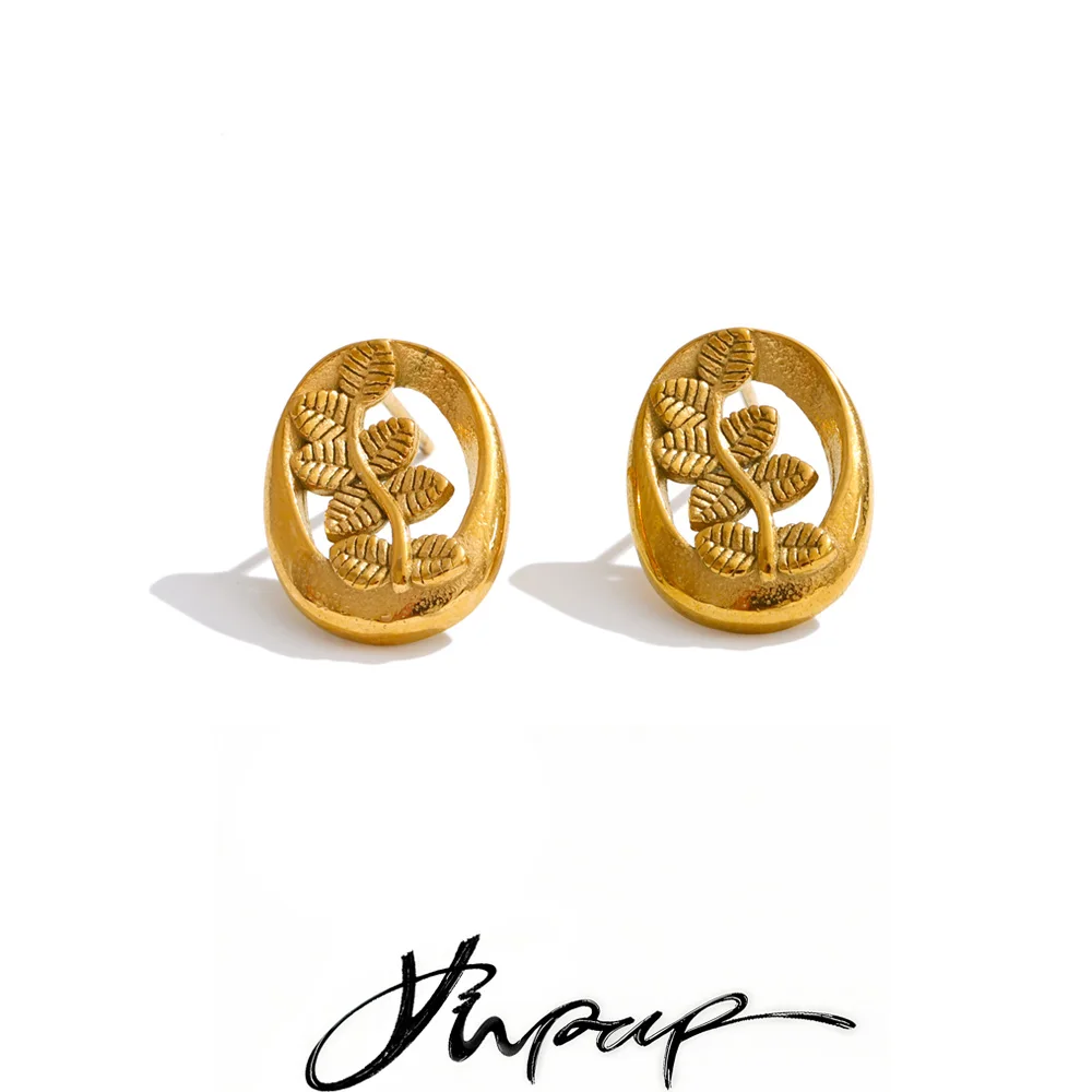 Yhpup Stainless Steel Metal Oval Leaves Stud Earrings Hypoallergenic Arrivals Summer Daily Wear Jewelry Wholesale