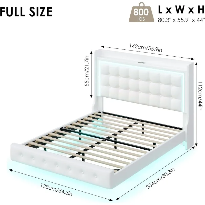 Upholstered Full Floating Bed Frame with LED Lights and Charging Station, with Button Tufted Storage Headboard, White