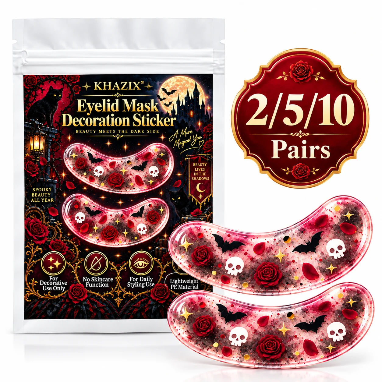 10/5/2 Pairs Gothic Rose Under-Eye Stickers, Red Skull & Bat Decorative Eye Patches for Halloween Makeup, Cosplay & Parties