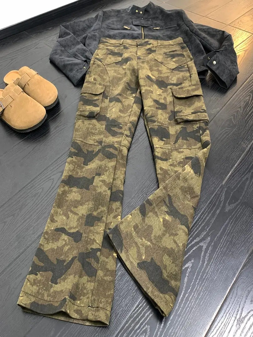 American Vibe High Waist Camouflage Work Pants Men's Leg Lengthening Slim Fit Micro Flared Jeans Casual Wear for Men