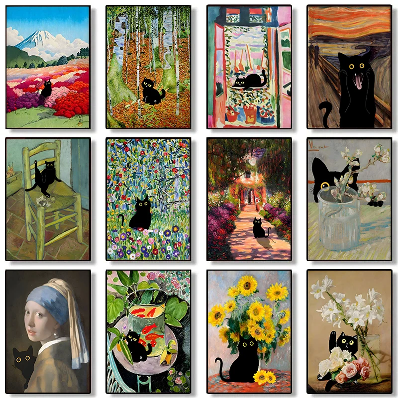 Classical Famous Oil Painting Black Cat Posters Van Gogh Monet Matisse Paul Works Retro Canvas Painting Gift Home Wall Decor