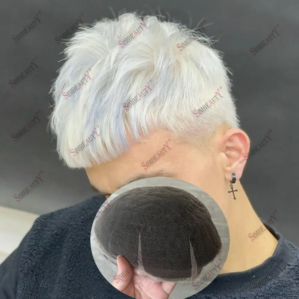 

Natural Hairline Full Swiss Lace Men Toupee Human Hair 60R platinum blonde Gray Wig Bleach Knots Male Capillary Prothesis Hair