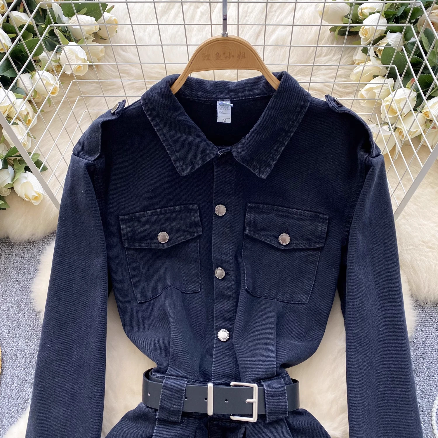 الرجعية المألوف المألوف الدنيم بذلة السراويل الإناث الربيع مع حزام رقيقة عالية الخصر بذلة طويلة الأكمام #6