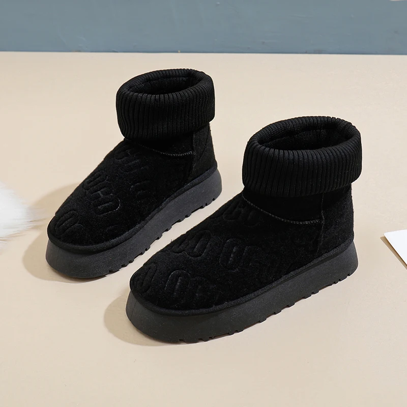 

New Winter Solid-colored Flat-bottomed Mid-calf Large-sized Couple's Outdoor Fleece Warm and Fashionable Snow Boots