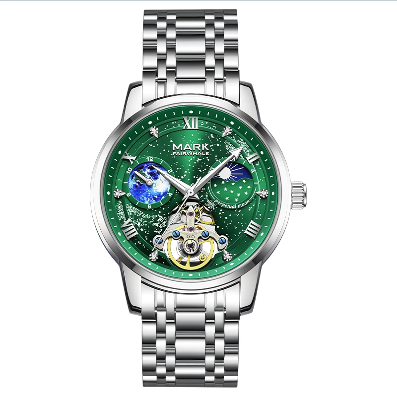 Mark Fairwhale 6045 Men Automatic Mechanical Watch 42MM Dial Tourbillon Moon Phase 30M Waterproof Wristwatch with Gift Box