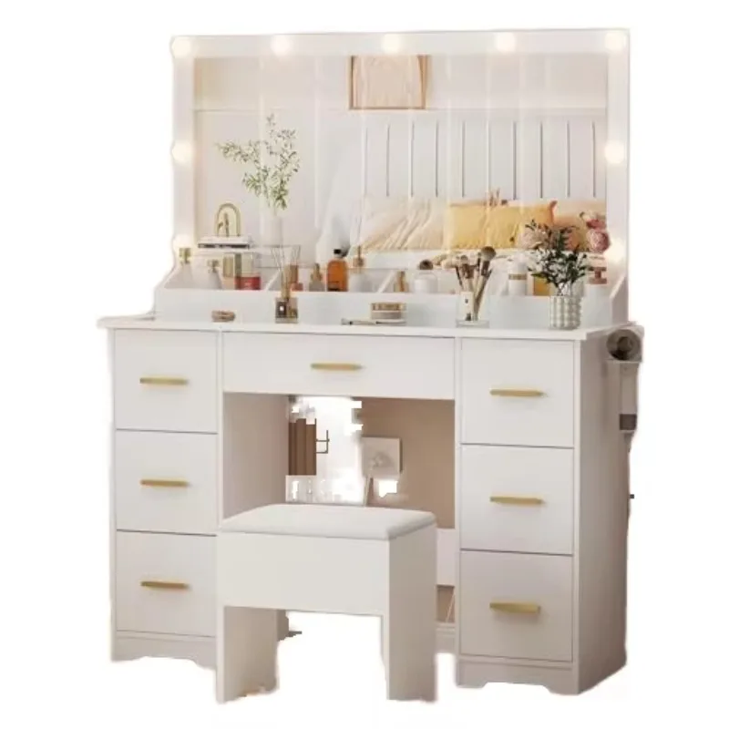 

Large White Makeup Mirror Set 9 Light Emitting Diode Lights Makeup Table and Chairs 7 Storage Drawers Power Sockets Bedroom