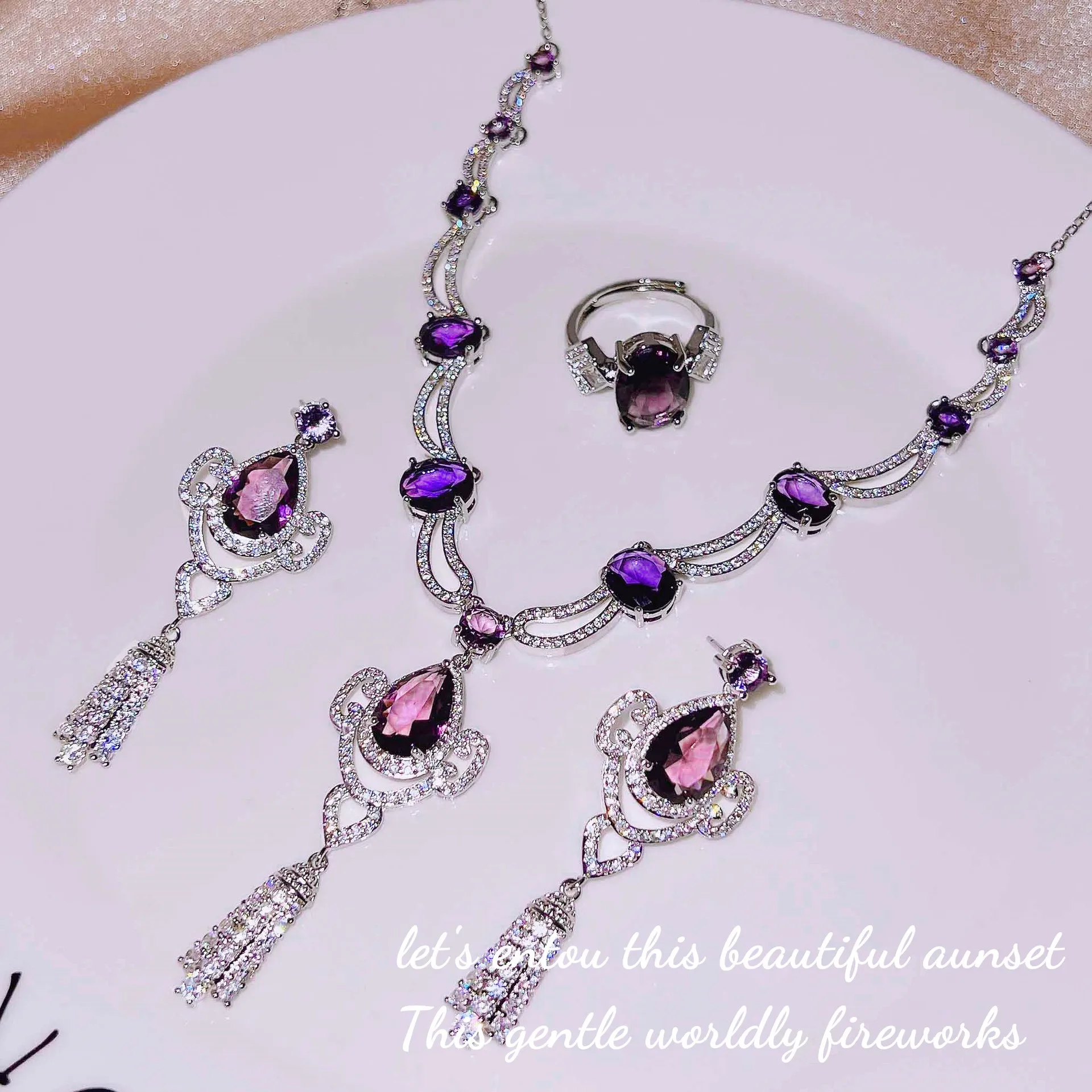 S925 Sterling Silver Necklace New Atmospheric Purple Diamond Tassel Necklace Full Diamond Earrings Open Ring Set Women