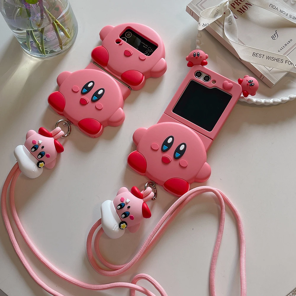 

Cartoon Cute Stereoscopic Kirbies with Lanyard Phone Case for Samsung Galaxy Z Flip 3 4 5 5G PC Hard Anti-drop Back Cover Funda