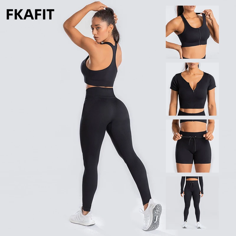 

2/4Pcs Yoga Set Women Front Zipper Bra Top Shirts High Waist Drawstring Seamless Leggings Gym Shorts Workout Outfits Tracksuit