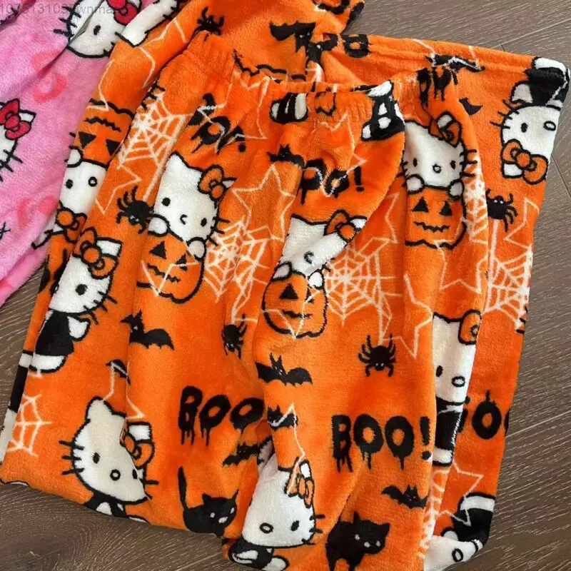 Sanrio Christmas & Halloween Hello Kitty Cotton Sleep Bottoms Cute Cartoon Flannel Pajama Pants Women Autumn Casual Home Pants